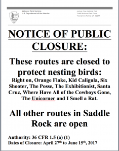 New nesting raptor closure on Saddle Rocks